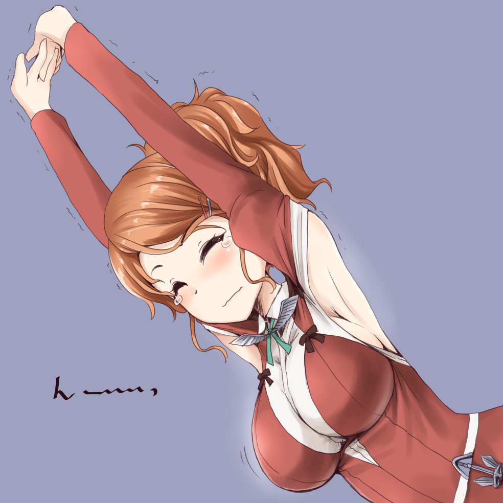 1girl anchor aquila_(kantai_collection) armpit_cutout armpits arms_up blush breasts closed_eyes dutch_angle hair_ornament hairclip high_ponytail kantai_collection large_breasts long_hair orange_hair solo stretch takaoka_nanase tears translation_request wavy_hair wavy_mouth