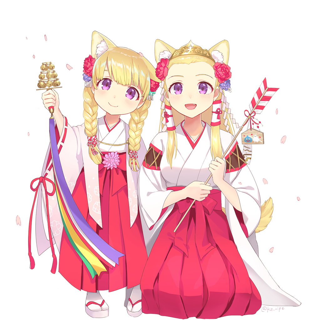 2girls :d animal_ears arrow blonde_hair blush braid child dog_ears dog_tail dragon_quest dragon_quest_xi ema fang flower hair_flower hair_ornament hair_tubes hakama hamaya head_tilt holding japanese_clothes kemonomimi_mode kimono kz_ripo long_hair long_sleeves looking_at_viewer miko multiple_girls open_mouth petals red_hakama ribbon-trimmed_sleeves ribbon_trim seiza senya_(dq11) sidelocks simple_background sitting slime_(dragon_quest) smile standing tabi tail tareme tiara twin_braids veronica_(dq11) violet_eyes white_background white_kimono white_legwear wide_sleeves