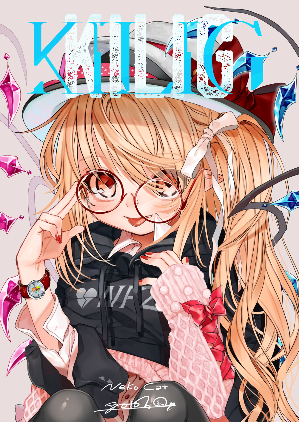 1girl alternate_costume alternate_headwear bespectacled black_jacket blonde_hair bow commentary_request contemporary fedora flandre_scarlet glasses gotoh510 hair_ribbon hat hat_bow highres hood hooded_jacket jacket long_sleeves looking_at_viewer pointy_ears red-framed_eyewear red_bow red_eyes red_ribbon ribbon side_ponytail simple_background smiley_face solo star tongue tongue_out touhou watch white_background wings