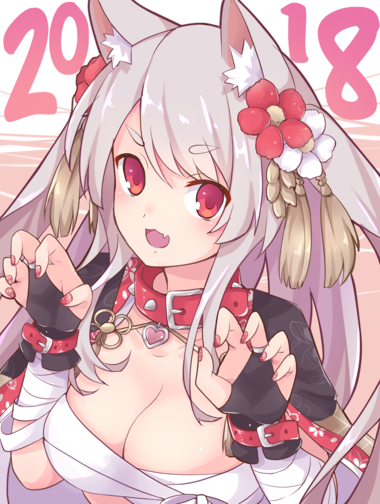 1girl 2018 :d animal_ears azur_lane bandage bandaged_arm blush breasts bridal_gauntlets budget_sarashi cape claw_pose cleavage collar eyebrows_visible_through_hair fang flower grey_hair hair_flower hair_ornament heart jewelry long_hair medium_breasts nail_polish open_mouth pendant red_eyes red_nails sarashi sawara_(starligtvision) sidelocks smile solo spiked_collar spikes tareme tassel upper_body v-shaped_eyebrows wolf_ears yuudachi_(azur_lane)