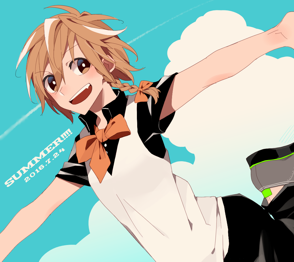 1girl blonde_hair blue_sky braid clouds dated fang hair_ribbon happy hosomitimiti kirisame_marisa looking_at_viewer neck_ribbon open_mouth outstretched_arms ribbon short_hair sky smile solo touhou yellow_eyes