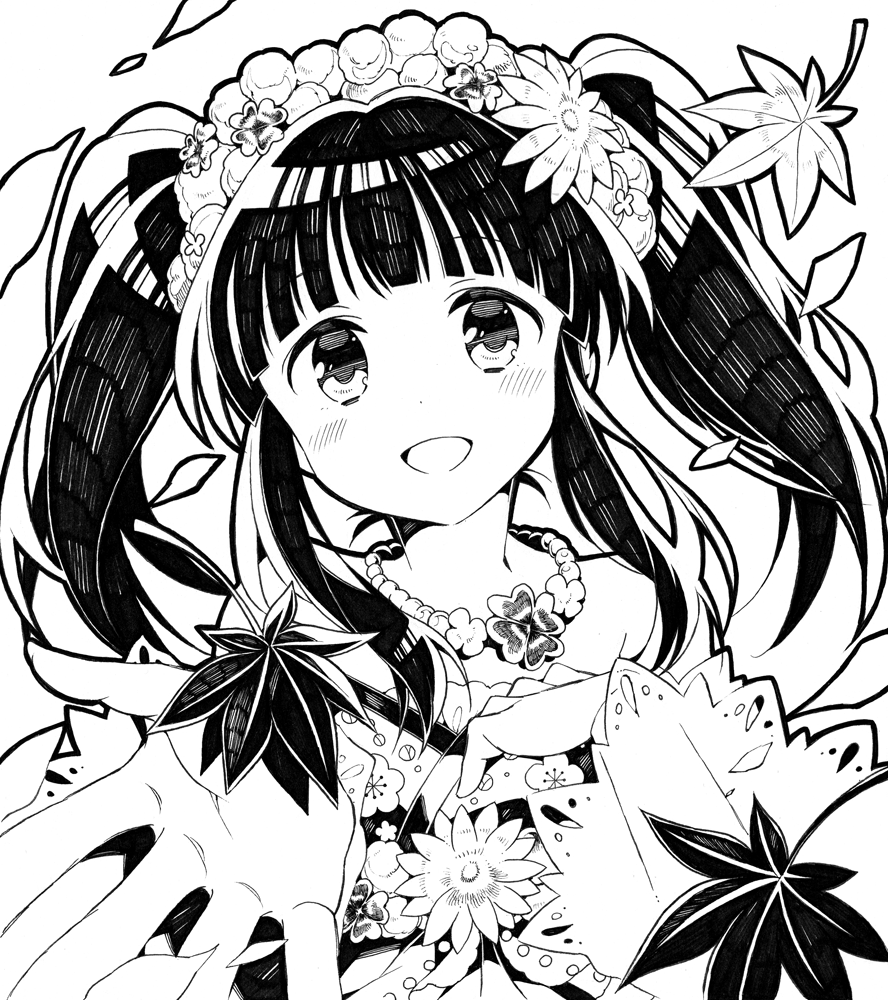 1girl blush flower hair_flower hair_ornament idolmaster idolmaster_cinderella_girls jewelry kurisu_sai leaf long_hair monochrome necklace ogata_chieri simple_background smile solo white_background