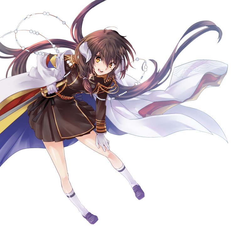 1girl aiguillette azur_lane bangs beads black_hair black_ribbon brown_eyes buttons double-breasted epaulettes eyebrows_visible_through_hair full_body gloves hair_between_eyes hand_on_own_thigh holding holding_weapon horns japanese_clothes kimono kneehighs leaning_forward loafers long_hair long_sleeves looking_at_viewer mikasa_(azur_lane) military military_uniform nanto_hanamaru open_mouth ribbon saber_(weapon) shoes simple_background smile solo sword teeth uniform weapon white_background white_gloves white_kimono white_legwear