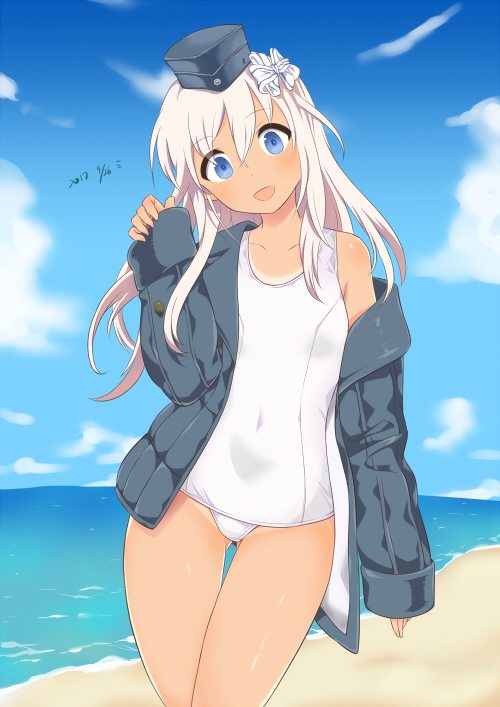 1girl beach blonde_hair blue_eyes blue_sky clouds cloudy_sky cropped_jacket dated day garrison_cap hat kantai_collection long_hair miripippo ocean open_mouth outdoors sand school_swimsuit sky smile solo swimsuit swimsuit_under_clothes tan u-511_(kantai_collection) water white_school_swimsuit white_swimsuit
