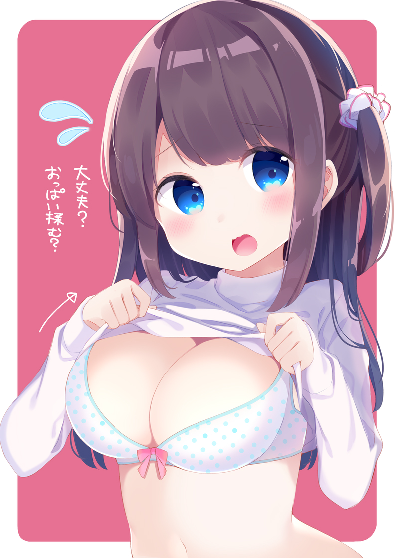 1girl blue_eyes blush bra breasts brown_hair chikuwa. cleavage clothes_lift daijoubu?_oppai_momu? large_breasts lifted_by_self long_hair looking_to_the_side navel original polka_dot polka_dot_bra solo sweater sweater_lift translated underwear upper_body white_bra white_sweater