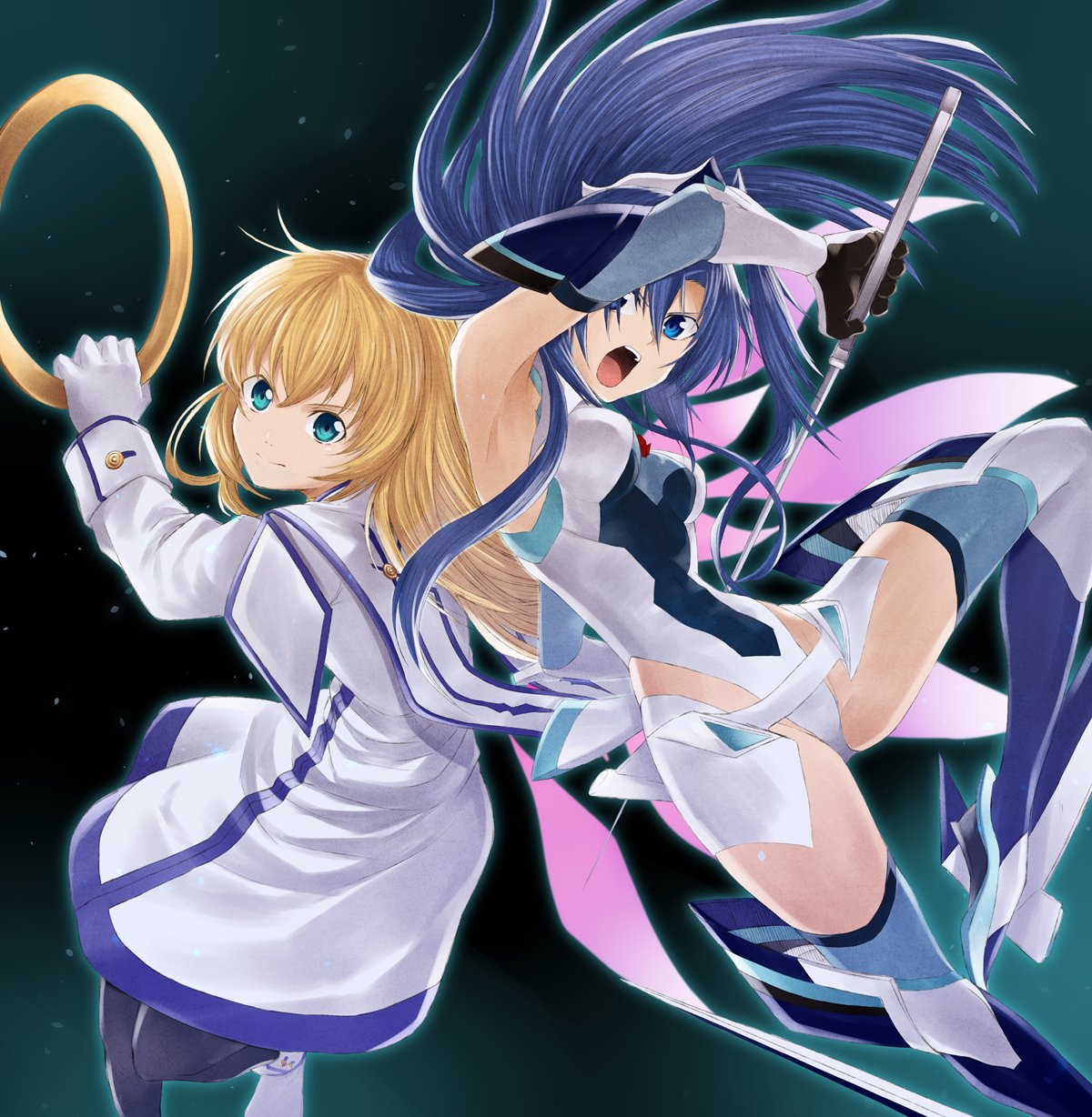 2girls aqua_eyes blonde_hair blue_eyes blue_hair bodysuit chakram collet_brunel dress gloves highres judo_fuu katana kazanari_tsubasa long_hair looking_at_viewer mizuki_nana multiple_girls open_mouth seiyuu_connection senki_zesshou_symphogear side_ponytail smile sword tales_of_(series) tales_of_symphonia weapon