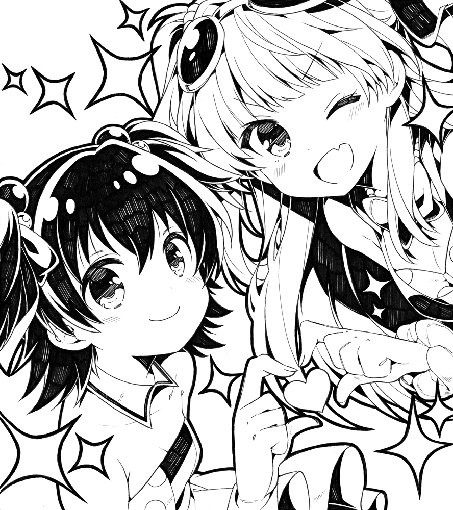 2girls akagi_miria hair_bobbles hair_ornament heart heart_hands heart_hands_duo idolmaster idolmaster_cinderella_girls jougasaki_rika kurisu_sai long_hair looking_at_viewer monochrome multiple_girls one_eye_closed open_mouth short_hair simple_background smile white_background