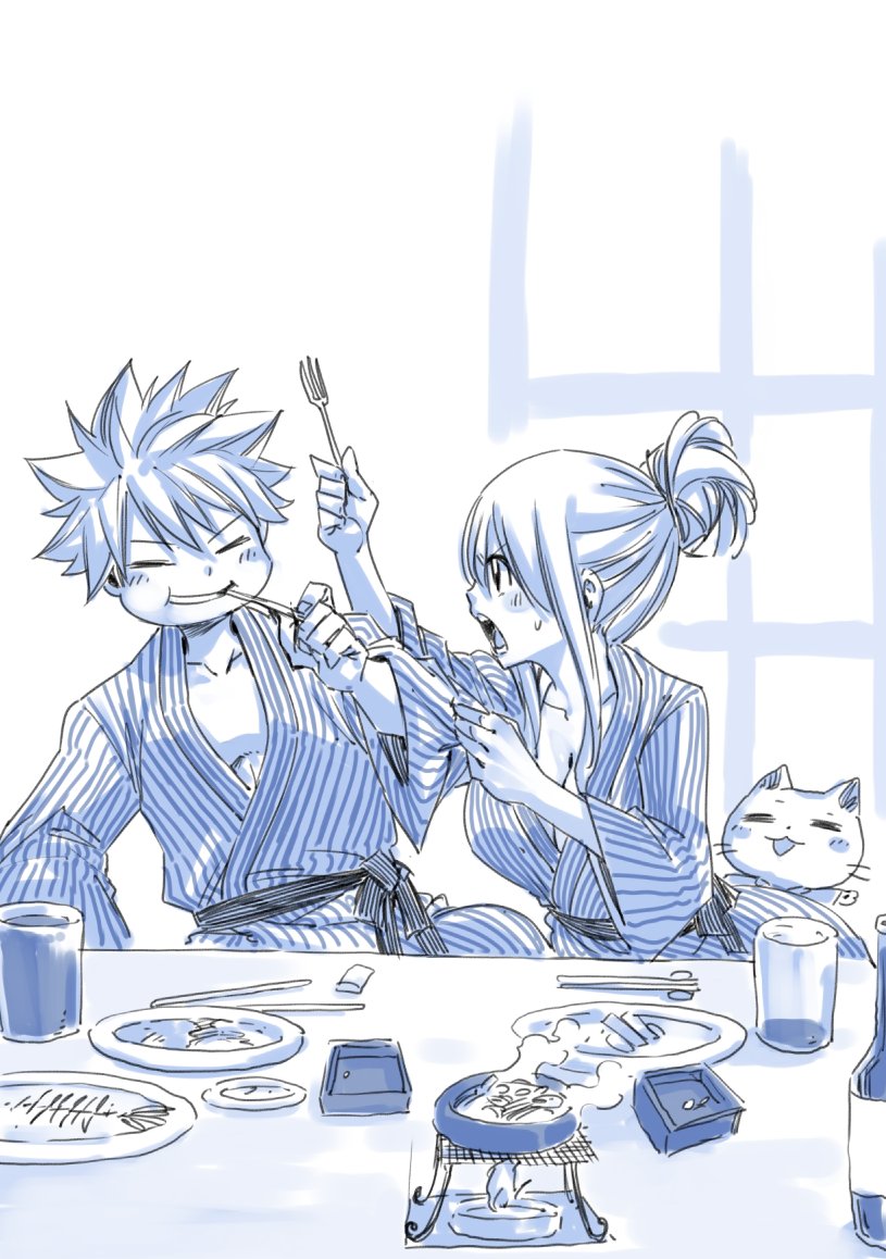 1boy 1girl breasts cat cleavage commentary fairy_tail food hair_up japanese_clothes looking_at_another lucy_heartfilia mashima_hiro monochrome natsu_dragneel smile spiky_hair table