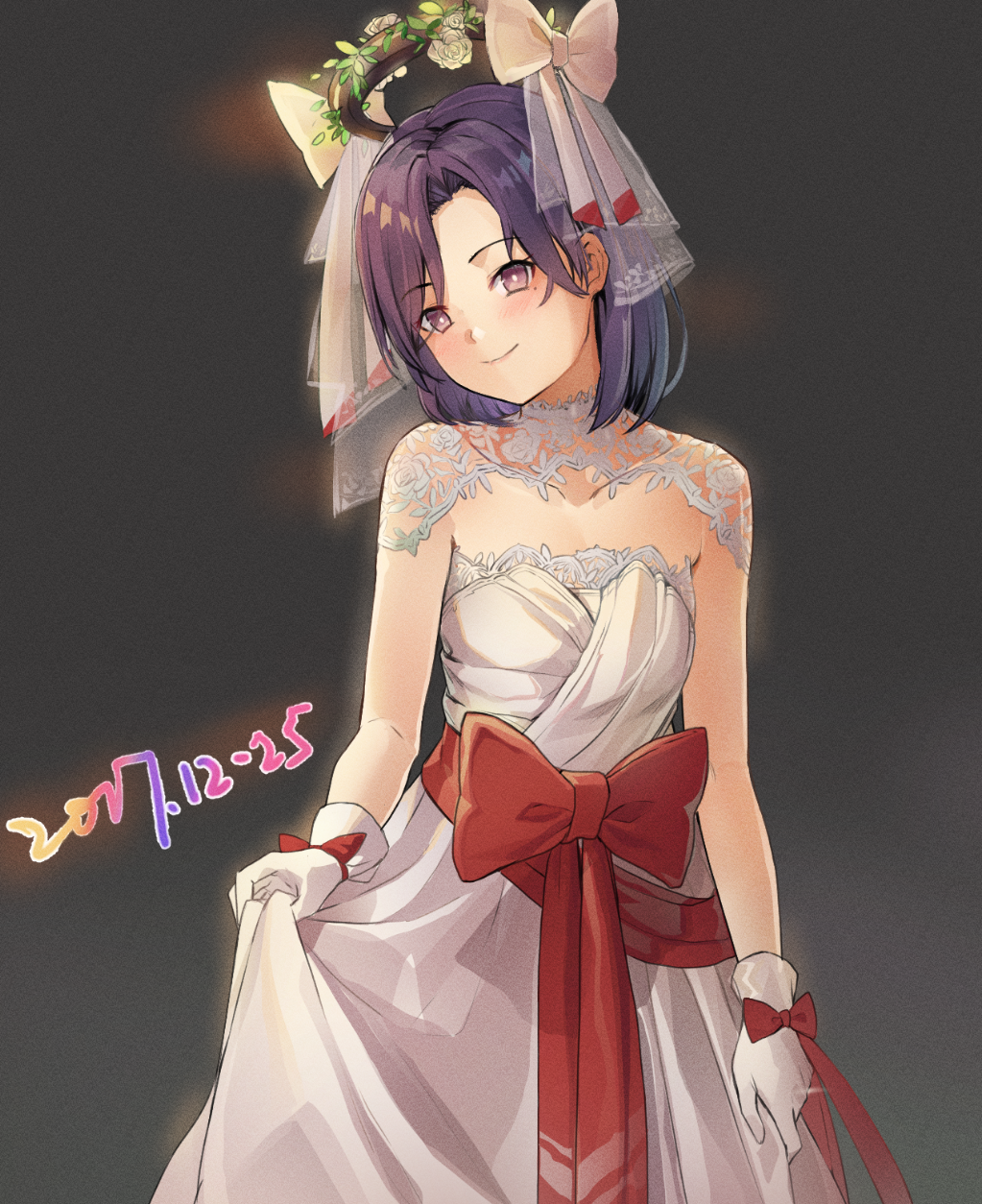 1girl alternate_costume bangs bare_arms black_background blush bow closed_mouth commentary_request cowboy_shot dated dress eyebrows_visible_through_hair flat_chest gloves head_tilt highres kantai_collection looking_at_viewer mechanical_halo mole mole_under_eye piza_rokumai purple_hair red_bow revision sash see-through short_hair skirt_hold smile solo standing strapless strapless_dress tatsuta_(kantai_collection) violet_eyes white_bow white_dress white_gloves