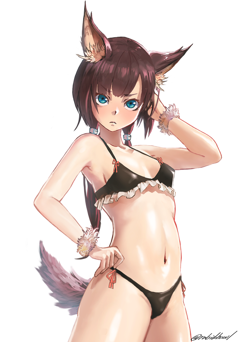 1girl animal_ears arm_up bangs bikini black_bikini blue_eyes bracelet breasts brown_hair closed_mouth commentary_request eyebrows_visible_through_hair frilled_bikini frills fur_trim hair_tie hand_in_hair hand_on_hip jewelry long_hair looking_at_viewer low_twintails navel original rabidhowl red_ribbon revision ribbon simple_background small_breasts solo standing swimsuit tail twintails twitter_username white_background