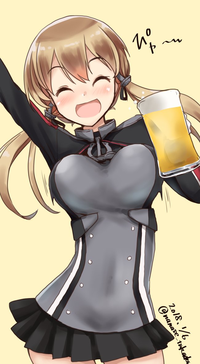 1girl alcohol anchor_hair_ornament arm_up beer beer_mug black_skirt blonde_hair closed_eyes cowboy_shot dated hair_ornament iron_cross kantai_collection low_twintails microskirt military military_uniform open_mouth pleated_skirt prinz_eugen_(kantai_collection) simple_background skirt solo takaoka_nanase twintails twitter_username uniform yellow_background