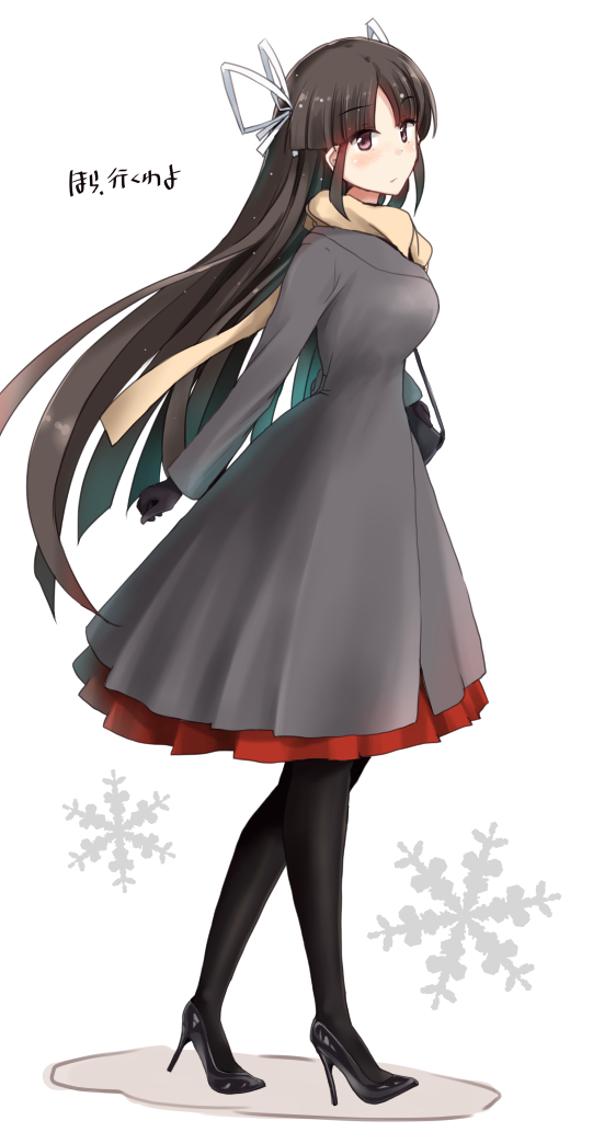 1girl black_gloves black_hair black_legwear blush brown_eyes coat dress gloves hair_ribbon high_heels hiyou_(kantai_collection) kantai_collection long_hair ribbon scarf snowflake_background solo takaoka_nanase translation_request