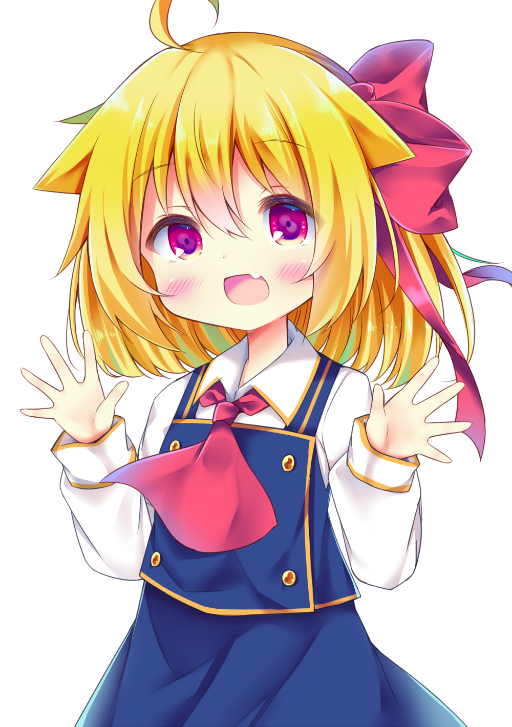 1girl :d ahoge bangs blonde_hair blue_skirt blue_vest blush bow collared_shirt commentary_request esureki eyebrows_visible_through_hair fang hair_between_eyes hair_bow hair_flaps hands_up head_tilt highres long_sleeves looking_at_viewer open_mouth red_bow red_eyes red_neckwear rumia shirt simple_background skirt smile solo touhou vest white_background white_shirt