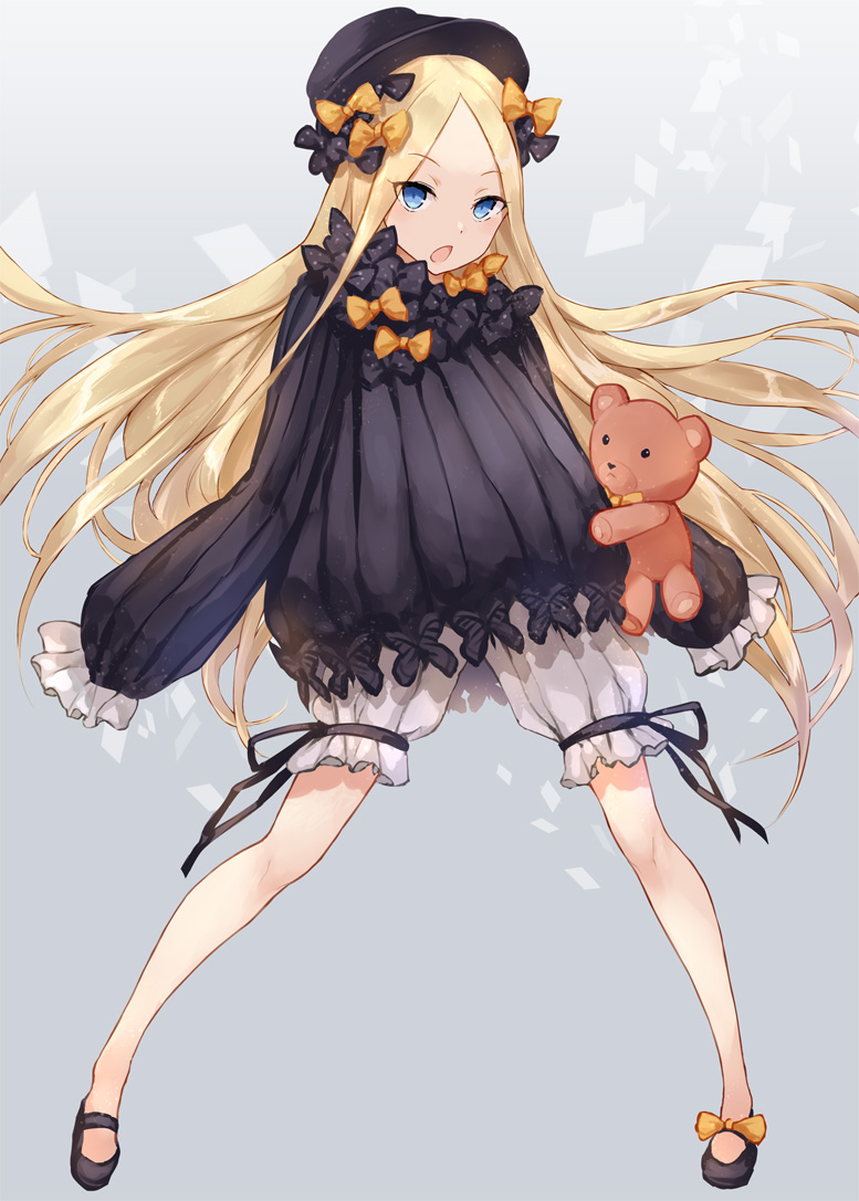 1girl abigail_williams_(fate/grand_order) asle black_bow black_dress black_hat blonde_hair bloomers blue_eyes blush bow commentary_request dress fate/grand_order fate_(series) forehead full_body hair_bow hat holding holding_stuffed_animal long_hair looking_at_viewer open_mouth orange_bow polka_dot polka_dot_bow sleeves_past_wrists solo stuffed_animal stuffed_toy teddy_bear underwear very_long_hair white_bloomers