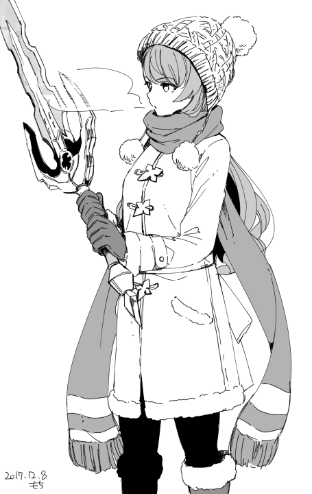 1girl alternate_costume beatrix_(granblue_fantasy) boots breath dated gloves granblue_fantasy hat jacket long_hair monochrome motitoy scarf solo sword weapon white_background