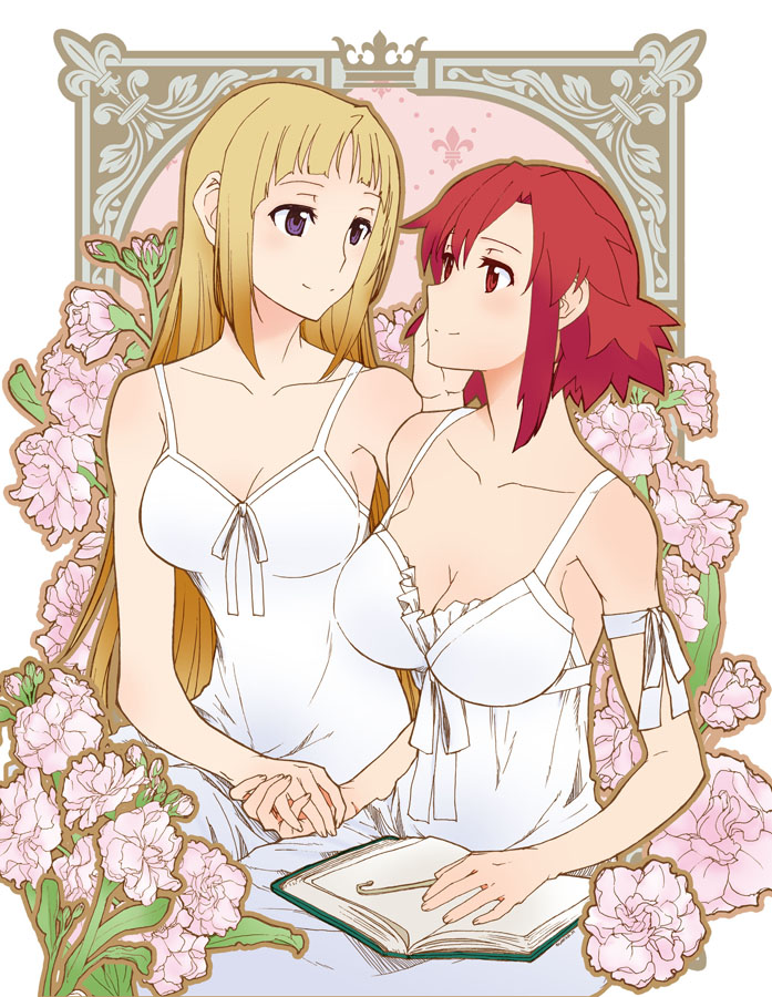 2girls blonde_hair book breasts cleavage collarbone dress flower hand_holding izetta long_hair looking_at_another medium_breasts multiple_girls open_book ortfine_fredericka_von_eylstadt red_eyes redhead short_hair shuumatsu_no_izetta sitting sleeveless sleeveless_dress smile sumika_(smikas) violet_eyes white_dress yuri