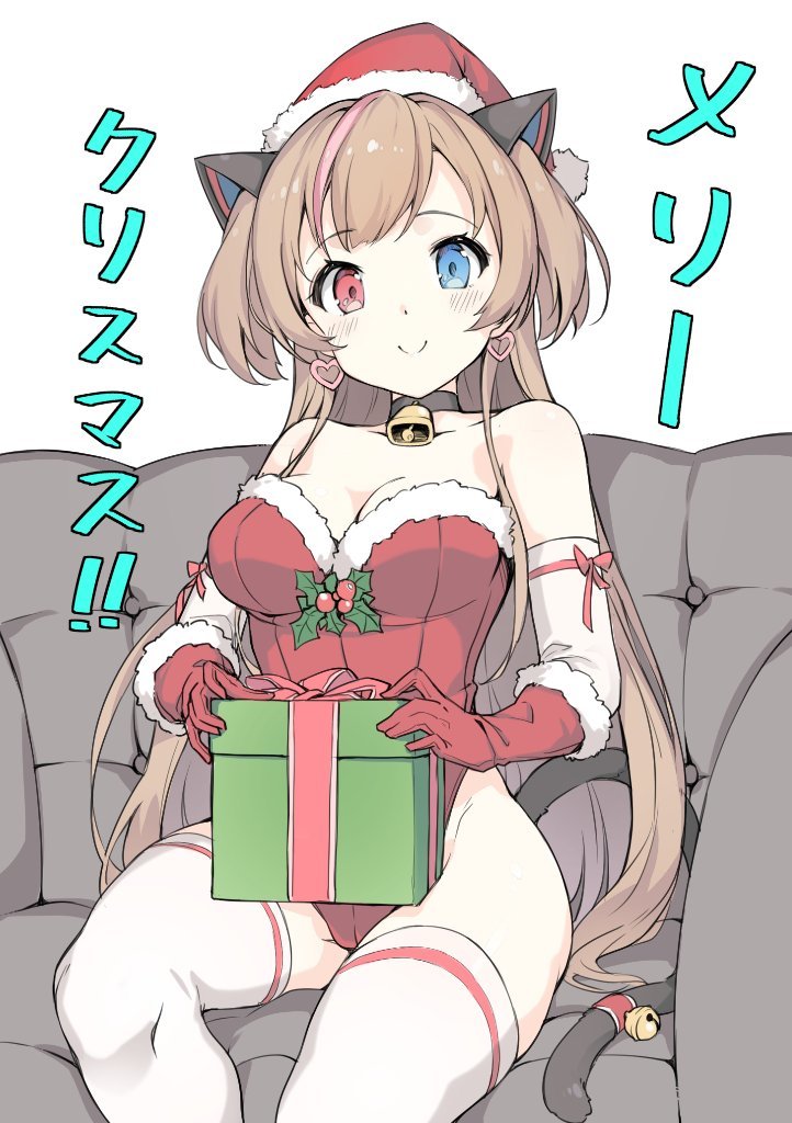 1girl 3.14 animal_ears bare_shoulders bell bell_choker blue_eyes blush box breasts brown_hair cat_ears cat_tail choker cleavage closed_mouth earrings elbow_gloves fake_animal_ears fur_trim gift gift_box girls_frontline gloves hat heart heart_earrings heterochromia jewelry jingle_bell large_breasts leotard long_hair looking_at_viewer mk_23_(girls_frontline) multicolored_hair red_eyes red_gloves santa_hat sitting smile solo streaked_hair tail tail_bell thigh-highs two_side_up very_long_hair white_gloves white_legwear