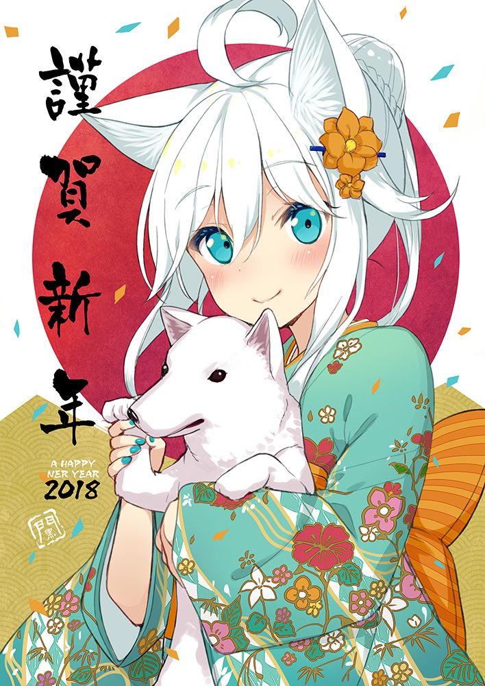 1girl 2018 ahoge animal_ears blue_eyes blue_nails braid commentary_request confetti crown_braid dog eyebrows_visible_through_hair floral_print flower hair_between_eyes hair_bun hair_flower hair_ornament hairclip happy_new_year japanese_clothes kimono long_sleeves looking_at_viewer minamura_haruki nail_polish new_year original smile solo white_hair wide_sleeves