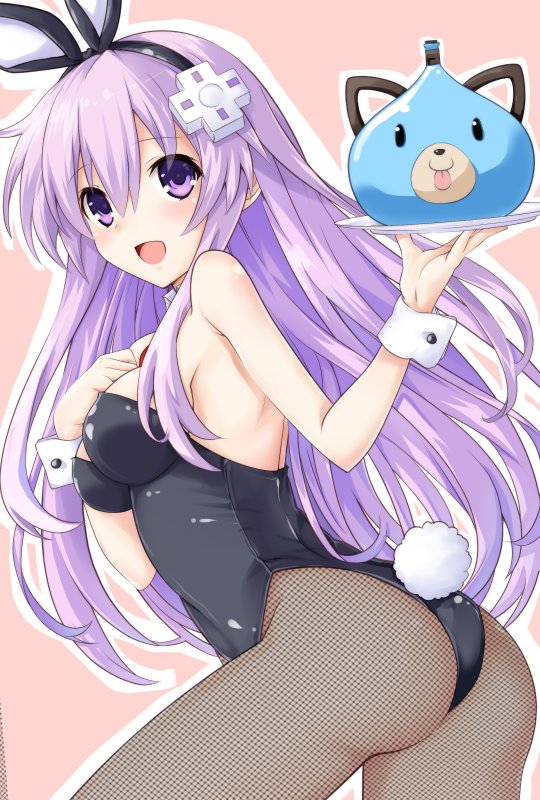 1girl :d animal_ears bare_shoulders black_leotard breasts bunny_tail bunnysuit commentary_request cowboy_shot d-pad d-pad_hair_ornament dogoo fishnet_pantyhose fishnets holding holding_tray iwasi-r leotard long_hair looking_at_viewer looking_back medium_breasts nepgear neptune_(series) open_mouth pantyhose purple_hair rabbit_ears smile solo tail tray very_long_hair violet_eyes wrist_cuffs