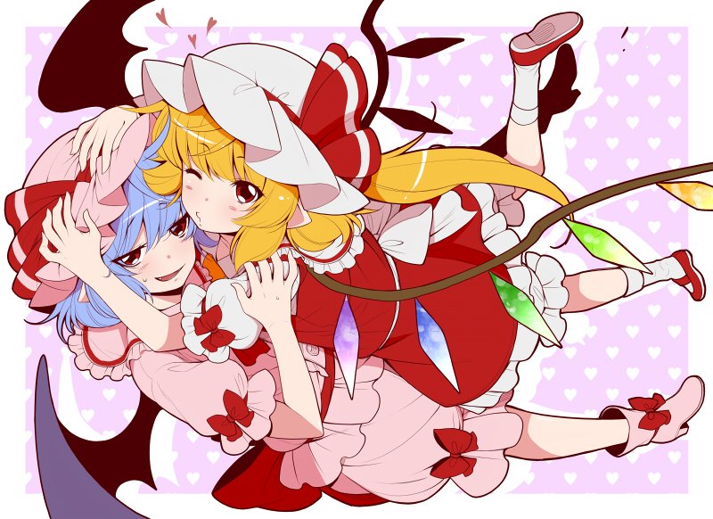 2girls arms_up bangs bat_wings black_wings blonde_hair blue_hair blush bow commentary_request eichi_yuu eyebrows_visible_through_hair flandre_scarlet full_body hand_on_another's_arm hands_on_another's_head hat hat_bow heart heart_background high_heels long_hair looking_at_viewer mary_janes mob_cap multiple_girls one_eye_closed open_mouth outside_border pink_footwear pink_hat pink_skirt puckered_lips red_bow red_eyes red_footwear red_skirt remilia_scarlet shoes short_hair short_sleeves side_ponytail skirt skirt_set socks touhou white_hat white_legwear wings