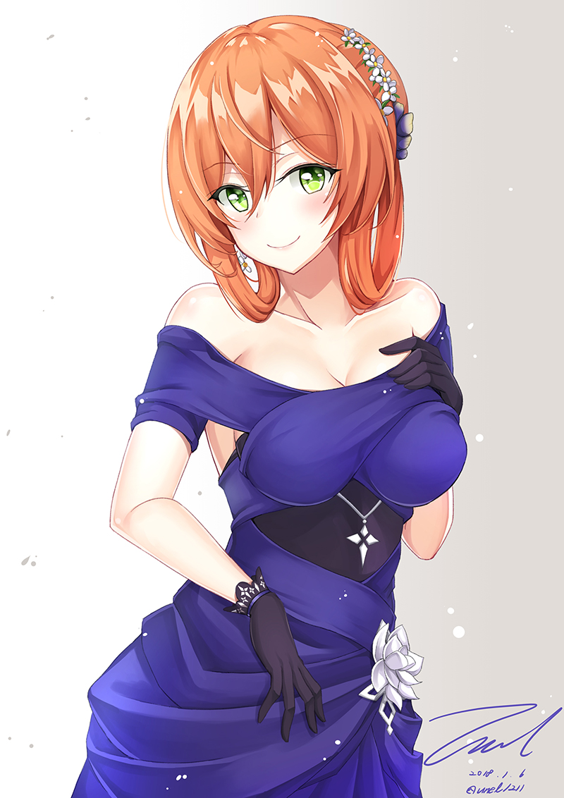 1girl alternate_costume bare_shoulders black_gloves blue_dress blush breasts cleavage closed_mouth collarbone cowboy_shot dated dress earrings eyebrows_visible_through_hair flower girls_frontline gloves gradient gradient_background green_eyes grey_background hair_between_eyes hair_flower hair_ornament hair_rings hand_on_own_chest head_tilt jewelry lips looking_at_viewer m1903_springfield_(girls_frontline) medium_breasts off-shoulder_dress off_shoulder orange_hair short_hair signature smile solo standing tareme unel1211