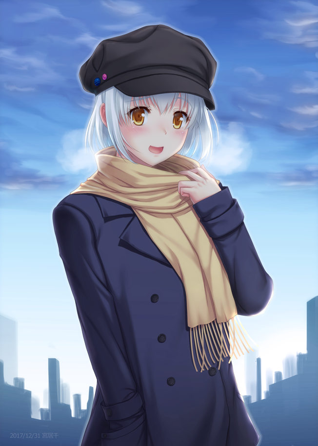 1girl :d adjusting_scarf badge bangs black_coat black_hat blue_hair blue_sky blush breath brown_eyes brown_scarf button_badge cabbie_hat cityscape dated day double-breasted eyebrows_visible_through_hair fringe hand_in_pocket hat long_sleeves looking_at_viewer miyai_sen open_mouth original outdoors scarf short_hair sky smile solo tareme upper_body