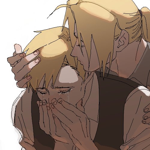 2boys alphonse_elric blonde_hair brothers closed_eyes crying edward_elric eyebrows_visible_through_hair fingernails forehead_kiss fullmetal_alchemist grey_shirt hands_on_another's_head hands_on_own_face kiss lowres male_focus multiple_boys p0ckylo ponytail sad shaded_face shirt siblings simple_background tears waistcoat white_background white_shirt