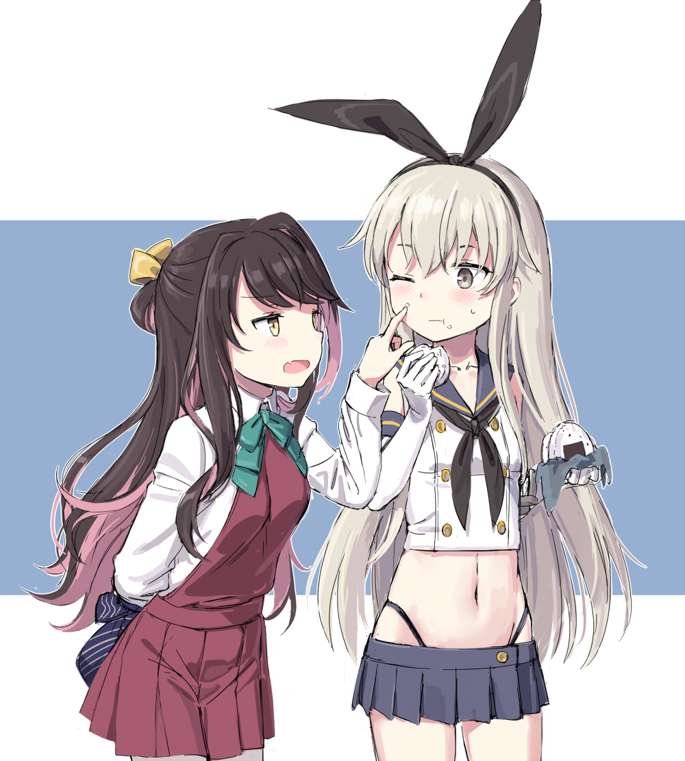 2girls aqua_neckwear black_hair black_neckwear black_panties blonde_hair blue_sailor_collar blue_skirt blush bow bowtie cheek_poking cnm crop_top dress eating elbow_gloves fang food food_on_face gloves grey_eyes highleg highleg_panties holding holding_food kantai_collection long_hair long_sleeves midriff miniskirt multicolored_hair multiple_girls naganami_(kantai_collection) navel neckerchief one_eye_closed onigiri open_mouth panties pink_hair pleated_skirt poking purple_dress sailor_collar school_uniform serafuku shimakaze_(kantai_collection) shirt skirt sleeveless sleeveless_dress underwear white_gloves white_shirt yellow_eyes