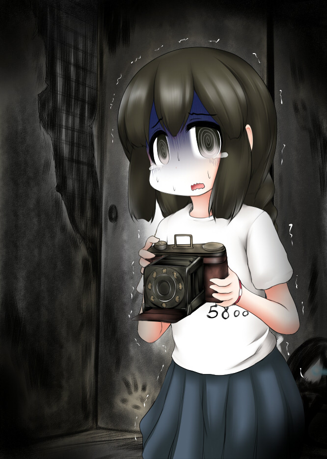 1girl @_@ abandoned black_eyes black_hair blue_skirt braid camera creepy fatal_frame ghost hair_between_eyes house interior isonami_(kantai_collection) kantai_collection night ouno_(nounai_disintegration) pleated_skirt shirt skirt tears twin_braids white_shirt