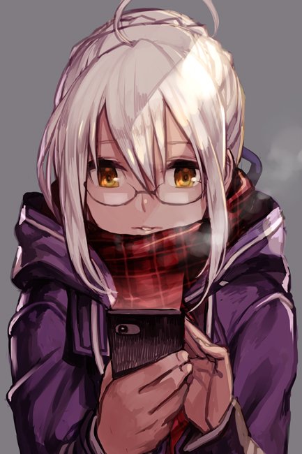 1girl ahoge artoria_pendragon_(all) bangs blonde_hair cellphone closed_mouth eyeglass fate/grand_order fate_(series) hair_between_eyes hankuri looking_at_viewer medium_hair multicolored multicolored_clothes multicolored_scarf mysterious_heroine_x_(alter) open_eyes phone plaid plaid_scarf purple_coat scarf solo yellow_eyes