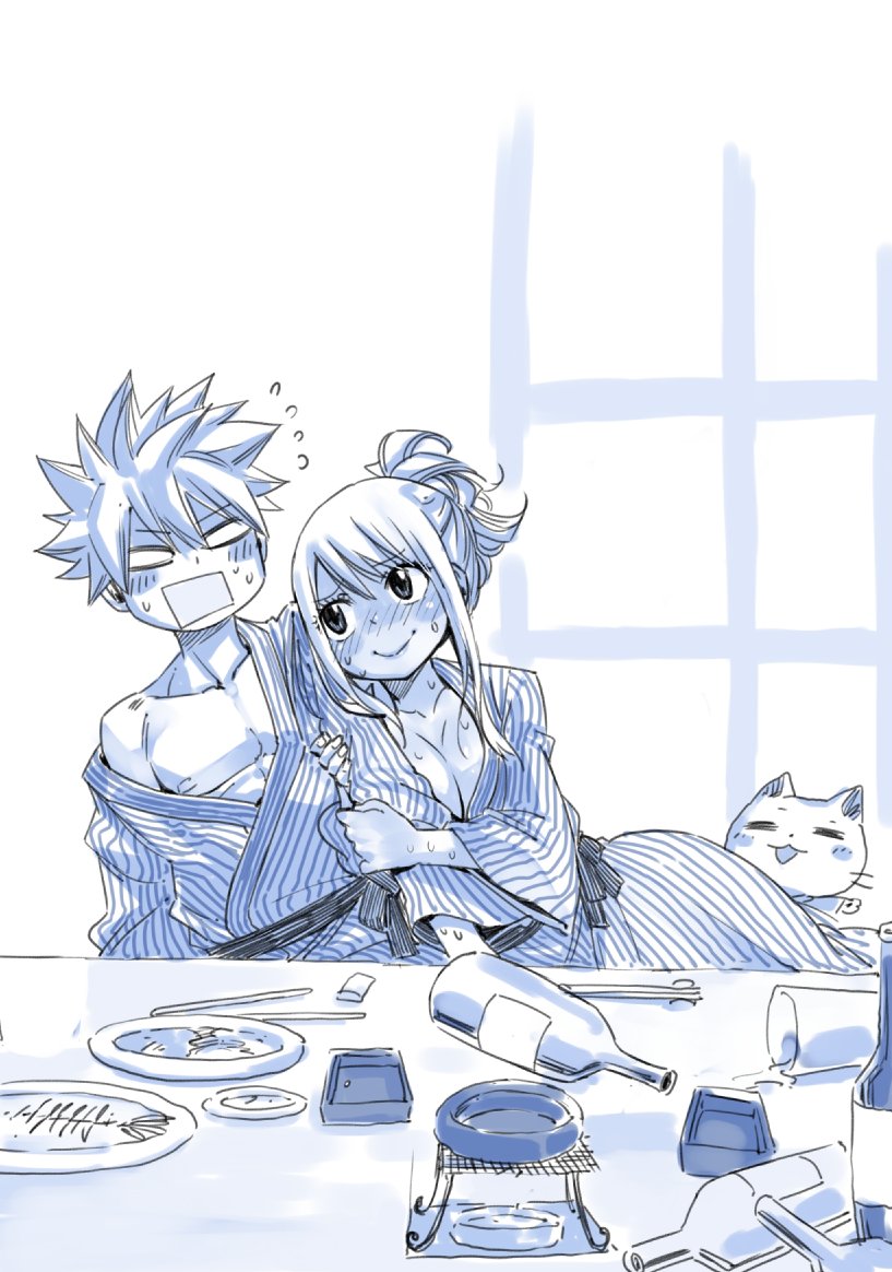 1boy 1girl arm_hug blush breasts cat cleavage fairy_tail food hair_up japanese_clothes looking_at_another lucy_heartfilia mashima_hiro monochrome natsu_dragneel smile spiky_hair table