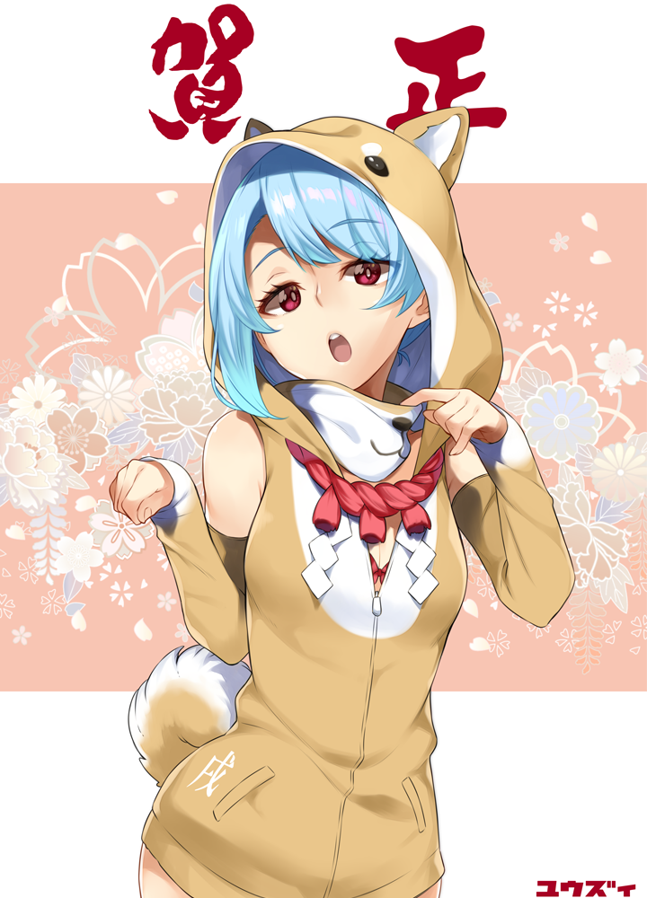 1girl :o animal_hood bangs blue_hair blush bra bra_peek breasts bright_pupils cleavage clothes_writing cowboy_shot detached_sleeves dog_hood dog_tail eyebrows_visible_through_hair face_mask floral_background head_tilt hood hood_up hoodie long_sleeves looking_at_viewer mask mask_removed open_mouth original paw_pose red_bra red_eyes short_hair sleeves_past_wrists small_breasts solo standing swept_bangs tail translation_request underwear year_of_the_dog yuuzii zipper