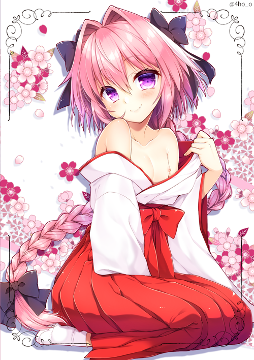 1boy aichi_shiho astolfo_(fate) bangs bare_shoulders black_bow blush bow braid closed_mouth collarbone eyebrows_visible_through_hair fang fate/apocrypha fate_(series) floral_background full_body hair_between_eyes hair_bow hakama japanese_clothes kimono long_hair long_sleeves looking_at_viewer male_focus miko multicolored_hair nipples off_shoulder open_clothes open_kimono pink_hair red_bow red_hakama seiza single_braid sitting smile socks solo streaked_hair tabi trap twitter_username two-tone_hair very_long_hair violet_eyes white_hair white_kimono white_legwear wide_sleeves