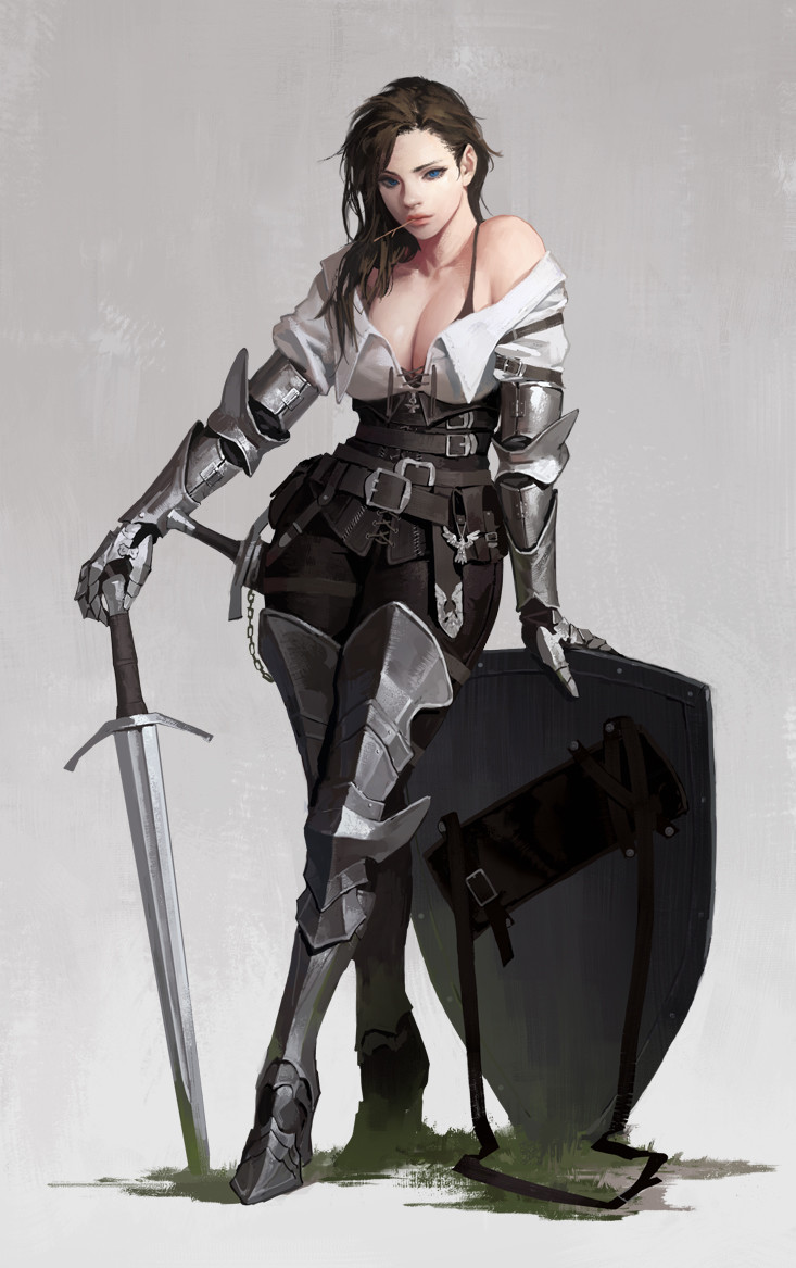 1girl armor bare_shoulders belt belt_buckle blue_eyes bra breasts brown_hair buckle chains chewing cleavage closed_mouth cross-laced_clothes dongho_kang gauntlets grass holding holding_sword holding_weapon large_breasts leggings long_hair long_sword md5_mismatch metal_boots original planted_weapon scabbard sheath shield shirt solo sword underwear weapon white_shirt