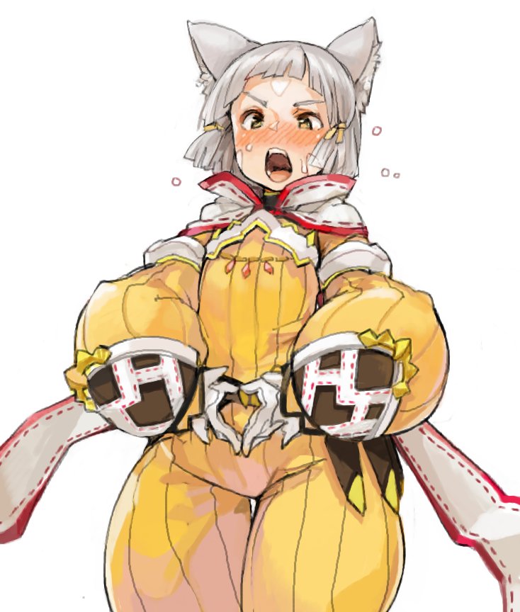 1girl animal_ears bangs blunt_bangs blush bodysuit cat_ears embarrassed eyebrows gloves heart heart_hands hood looking_at_viewer niyah open_mouth ribbon sachito short_hair silver_hair simple_background solo white_gloves xenoblade xenoblade_2 yellow_bodysuit yellow_eyes