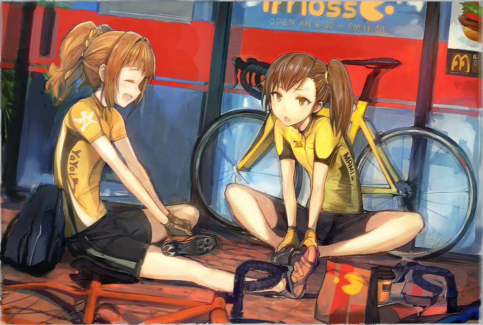 2girls bag bicycle brown_eyes brown_hair closed_eyes coffee_cup futami_mami ground_vehicle idolmaster idolmaster_(classic) idolmaster_2 long_hair mcdonald's multiple_girls open_mouth orange_hair paper_bag shorts side_ponytail sitting sportswear takatsuki_yayoi twintails usisan