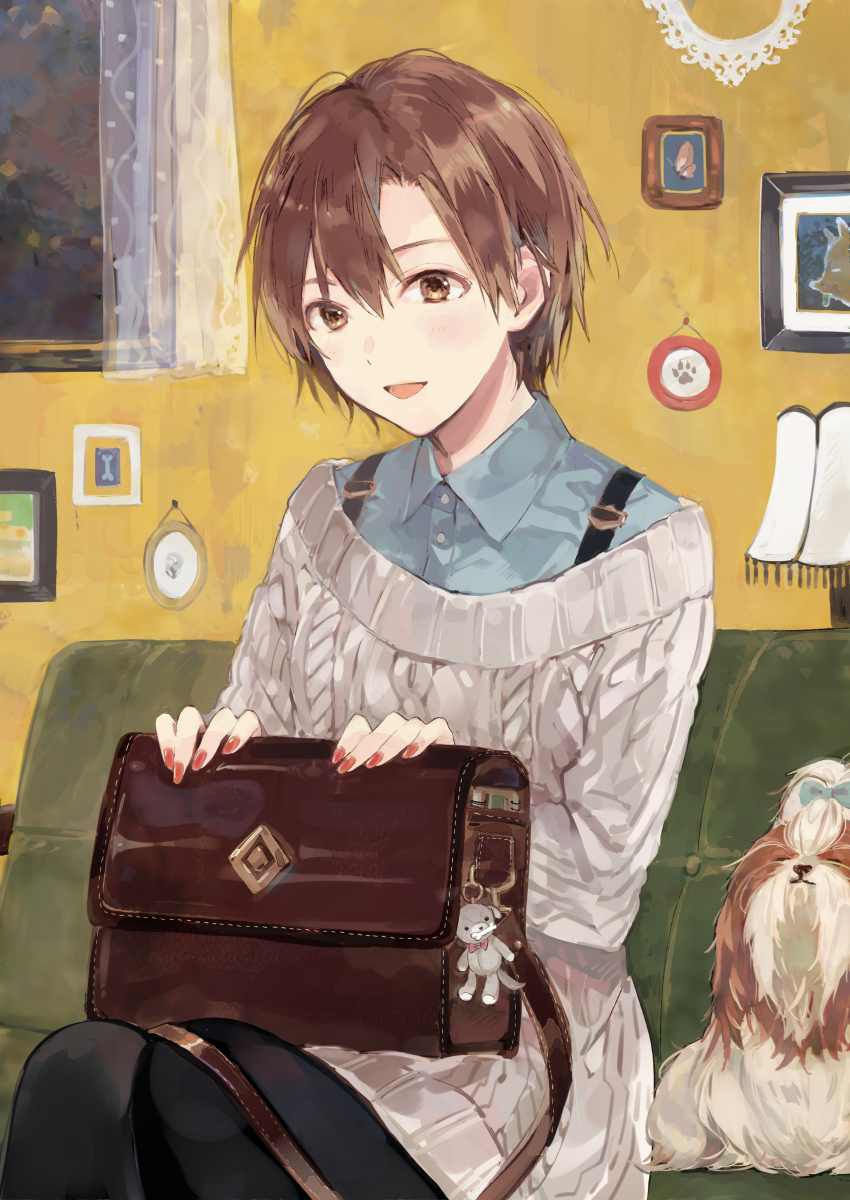 1girl :d bag black_legwear blue_shirt blush brown_eyes brown_hair collared_shirt commentary_request couch dog dress fingernails grey_sweater hair_between_eyes highres horiizumi_inko indoors lamp looking_at_viewer nail_polish open_mouth original pantyhose portrait_(object) red_nails ribbed_sweater shirt short_hair sitting smile solo sweater sweater_dress window wing_collar