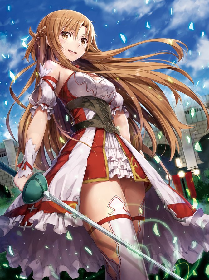 1girl :d arch asuna_(sao) bangs banner bare_shoulders blue_sky breasts brown_eyes brown_hair clouds corset day detached_sleeves dress eyebrows_visible_through_hair frilled_dress frilled_sleeves frills gabiran hand_on_hip holding holding_sword holding_weapon lamppost long_hair looking_at_viewer medium_breasts open_mouth parted_bangs petals puffy_short_sleeves puffy_sleeves rapier round_teeth short_sleeves sky smile solo standing sword sword_art_online teeth thigh-highs town underbust very_long_hair waist_cape weapon white_dress white_legwear wrist_cuffs