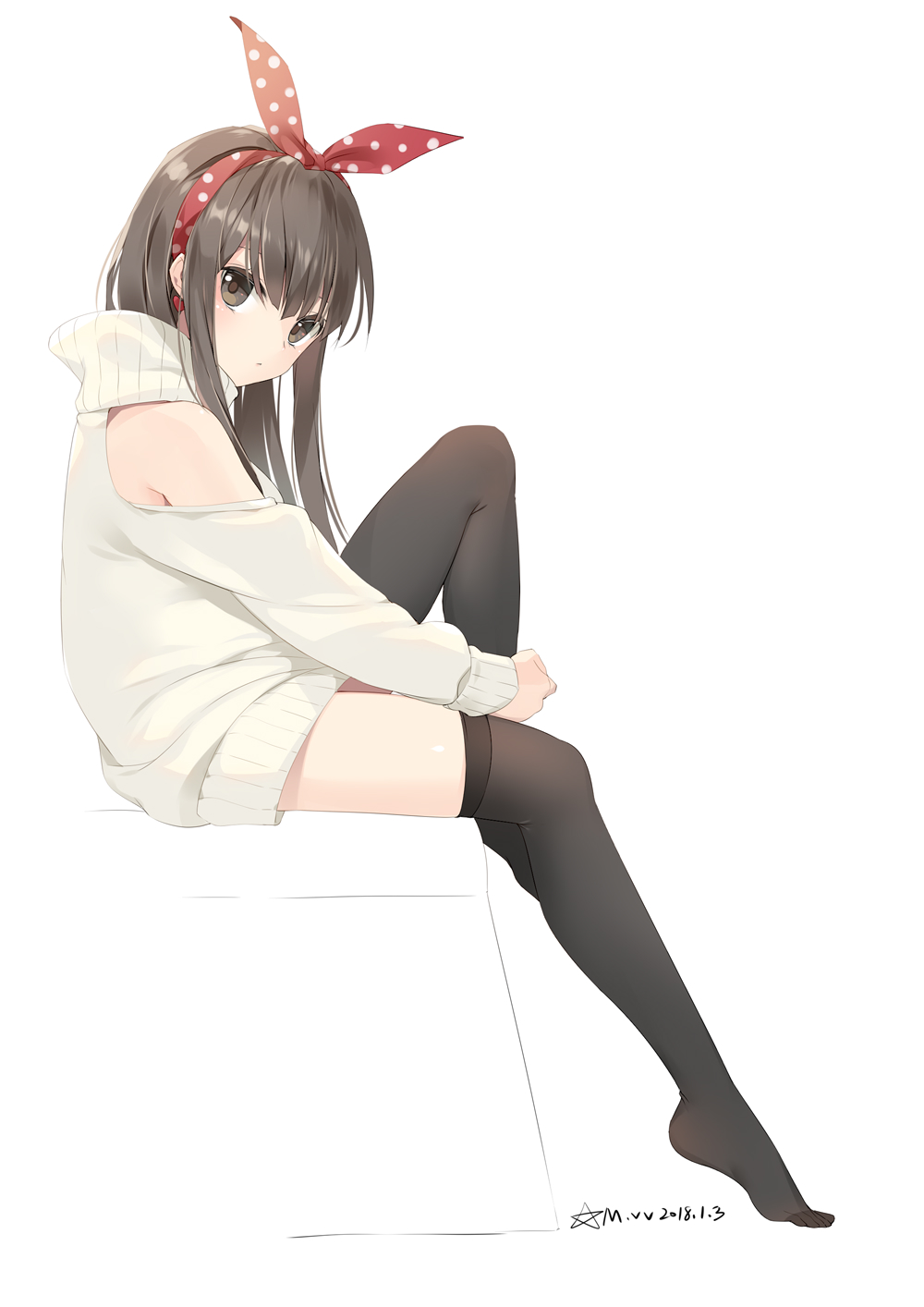 1girl artist_name black_legwear brown_eyes brown_hair dated dress from_side full_body hair_ribbon highres leg_up long_hair long_sleeves looking_at_viewer mvv original polka_dot ribbon simple_background solo sweater sweater_dress thigh-highs turtleneck turtleneck_sweater white_background