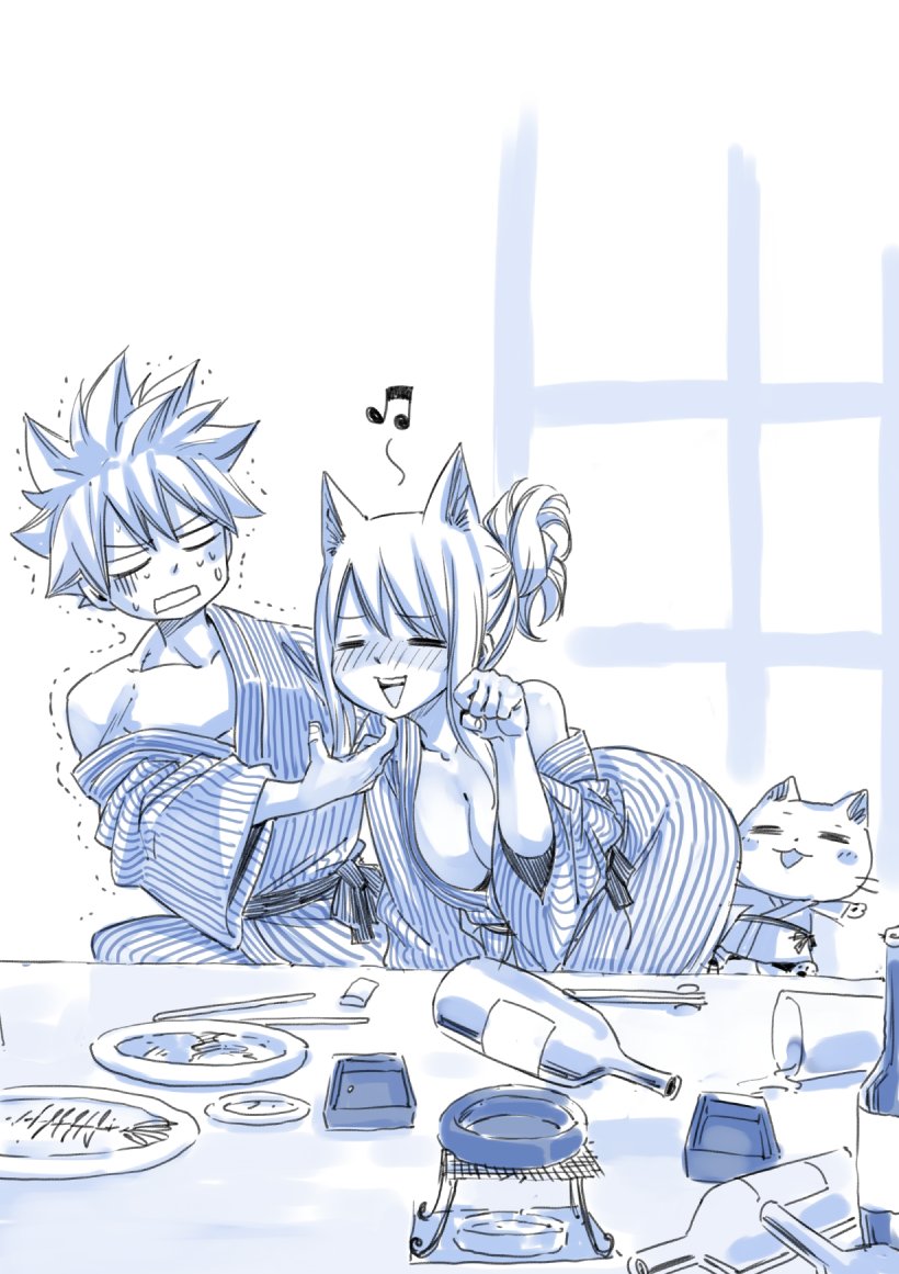 1boy 1girl alcohol animal_ears bottle cat cat_ears commentary fairy_tail happy_(fairy_tail) japanese_clothes lucy_heartfilia mashima_hiro monochrome natsu_dragneel off_shoulder smile table trembling wine_bottle