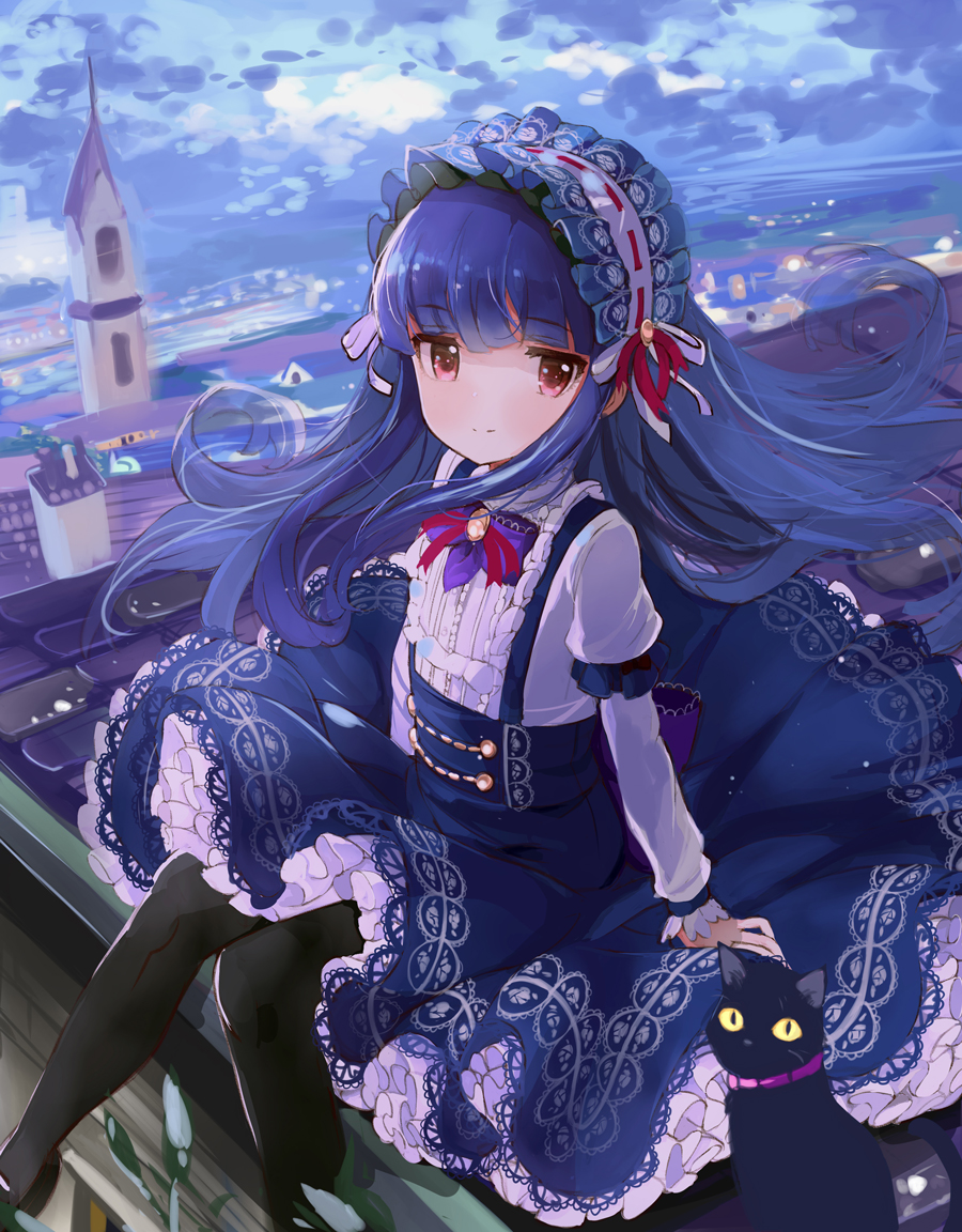 1girl black_legwear blue_hair blush cat dress hairband idolmaster idolmaster_cinderella_girls idolmaster_cinderella_girls_starlight_stage lolita_hairband long_hair looking_at_viewer pantyhose red_eyes rooftop sajou_yukimi sketch smile solo tetsujin_momoko