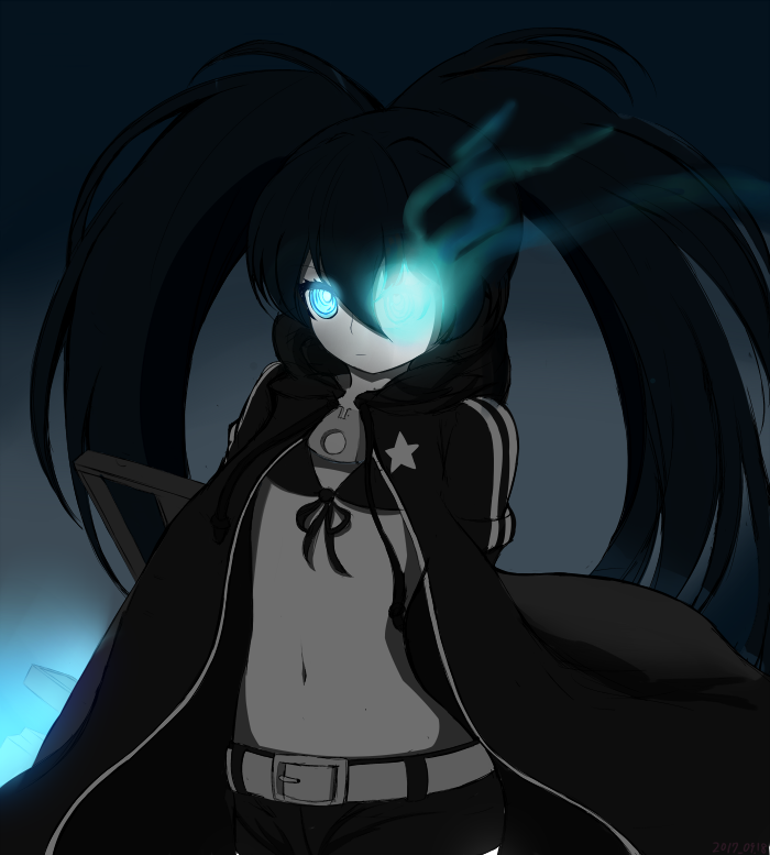 1girl arms_behind_back bangs belt_buckle bikini_top black_bikini_top black_coat black_hair black_rock_shooter black_rock_shooter_(character) black_shorts blue_eyes buckle burning_eye closed_mouth coat commentary_request drawstring front-tie_bikini front-tie_top glowing glowing_eye hair_between_eyes long_hair looking_at_viewer navel open_clothes open_coat pale_skin peru_(perushee) short_shorts shorts solo twintails very_long_hair white_belt zipper_pull_tab