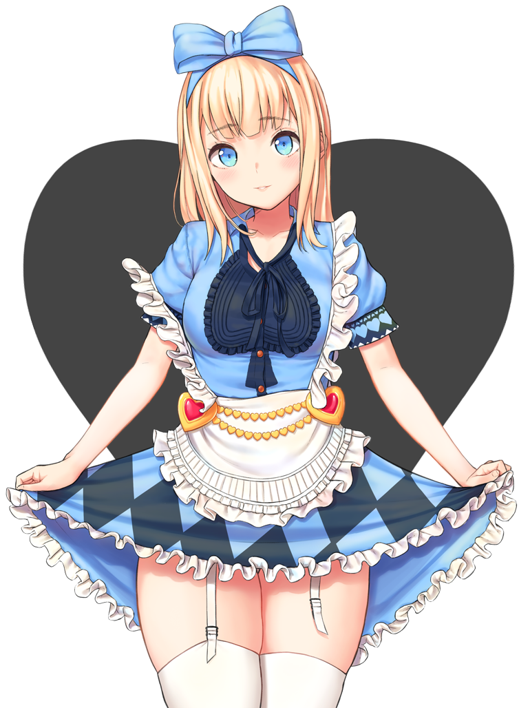 1girl agnam_ore alice_(wonderland) apron argyle_dress bangs black_ribbon blonde_hair blue_bow blue_dress blue_eyes blunt_bangs blush bow copyright_request cowboy_shot dress eyebrows_visible_through_hair frilled_apron frilled_dress frills garter_straps hair_bow heart heart_background long_hair looking_at_viewer parted_lips puffy_short_sleeves puffy_sleeves ribbon short_sleeves sidelocks skirt_hold smile solo standing straight_hair strap_slip tareme transparent_background very_long_hair white_apron white_legwear