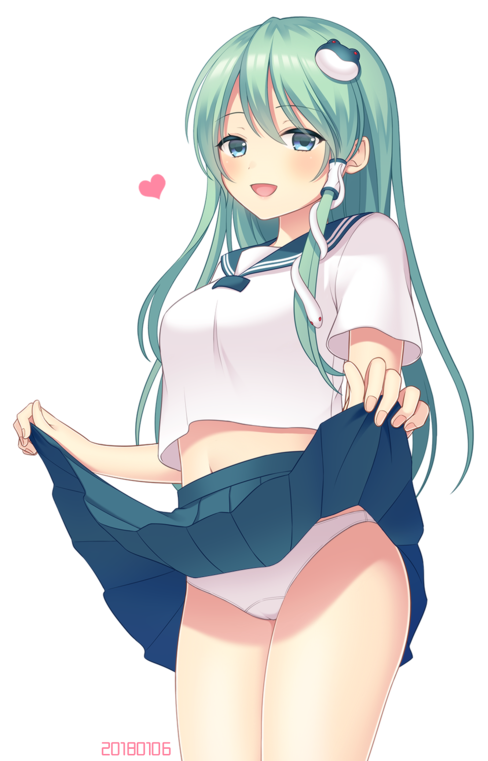 1girl blue_eyes blue_skirt blush breasts dated eyebrows_visible_through_hair frog_hair_ornament green_hair hair_ornament heart highres kochiya_sanae large_breasts long_hair looking_at_viewer navel open_mouth panties school_uniform serafuku short_sleeves skirt skirt_lift smile solo touhou underwear white_panties yamayu