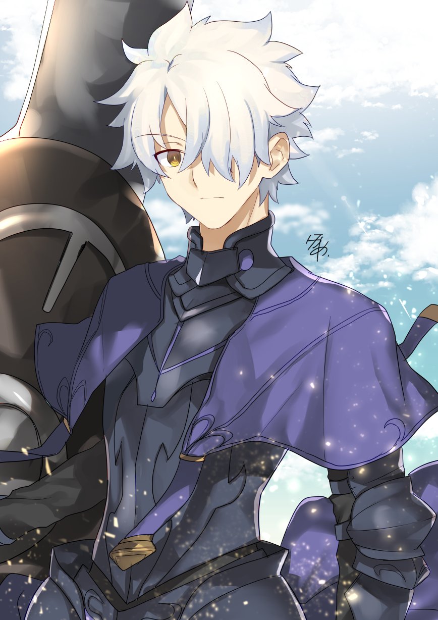 1boy armor cape eyebrows_visible_through_hair fate/grand_order fate_(series) galahad_(fate) hair_over_one_eye highres holding holding_weapon looking_at_viewer male_focus nikame shield solo weapon white_hair yellow_eyes