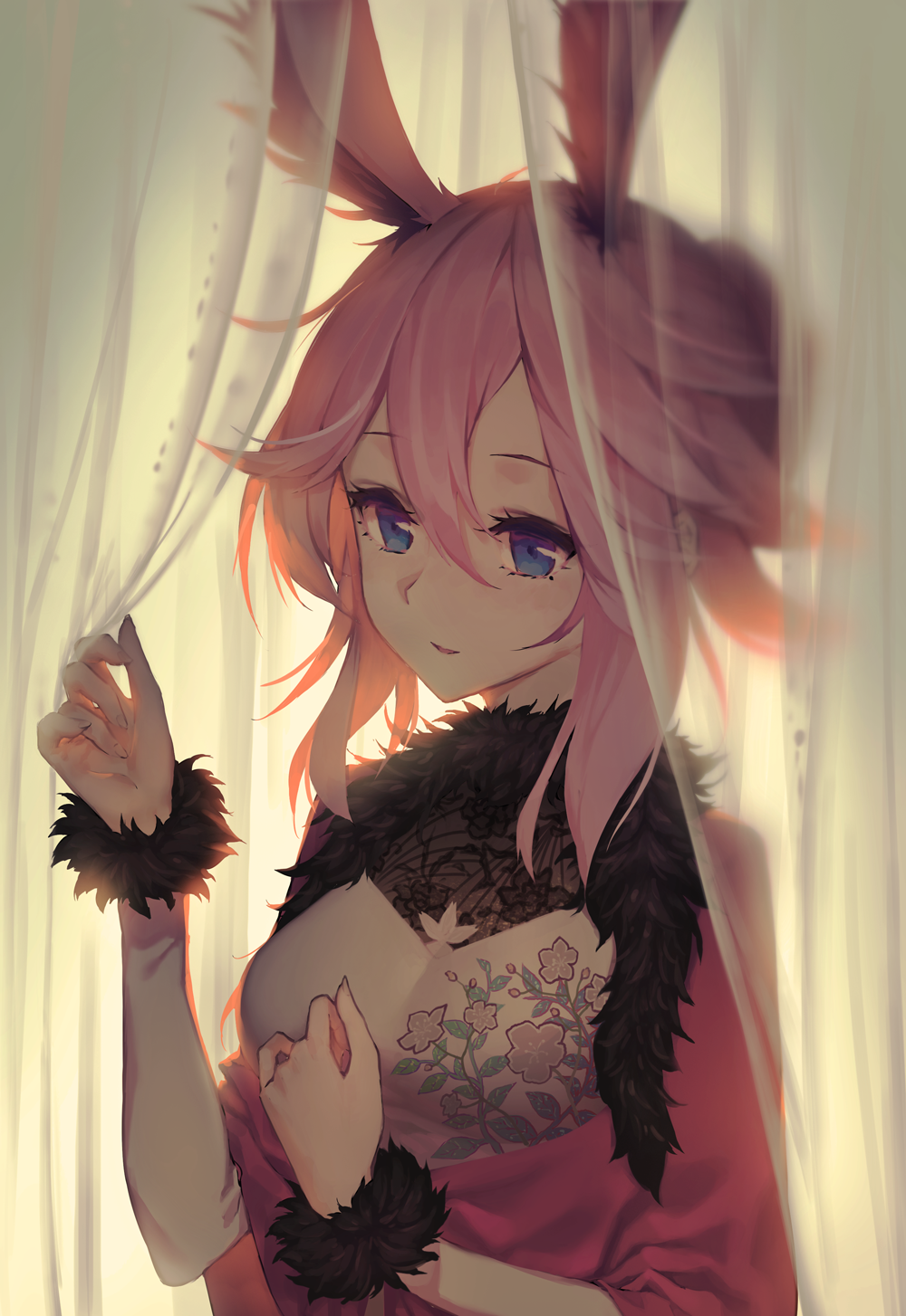 1girl animal_ears backlighting benghuai_xueyuan blue_eyes blurry blush curtains depth_of_field floral_print fur-trimmed_sleeves fur_collar fur_trim hair_between_eyes highres hoshi_o_mite long_hair long_sleeves mole mole_under_eye parted_lips pink_hair rabbit_ears single_sleeve smile solo upper_body yae_sakura_(benghuai_xueyuan)