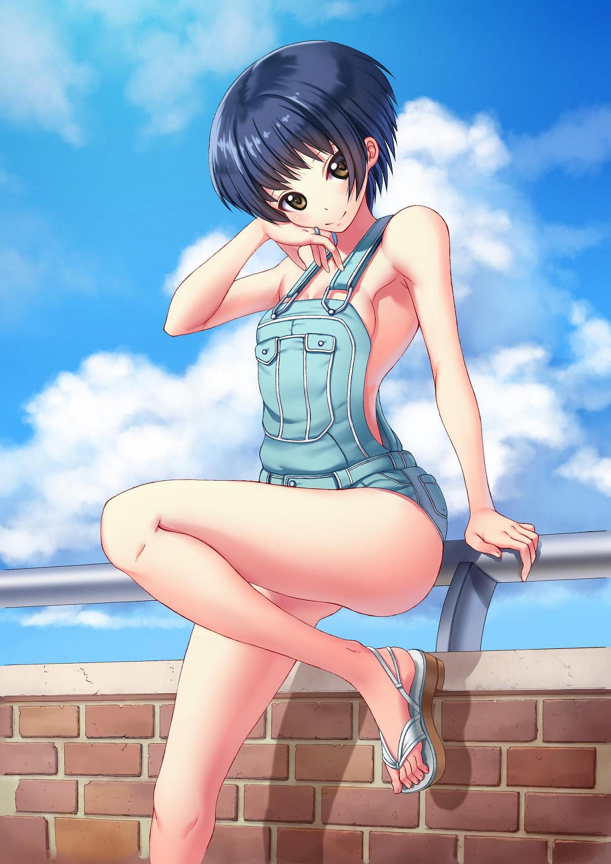 1girl against_railing bare_arms bare_shoulders black_hair blue_sky blush breasts brown_eyes closed_mouth day denim feet hand_on_own_cheek highres jewelry leg_up looking_at_viewer naked_overalls original outdoors overalls ring sandals sideboob sky sleeveless small_breasts smile solo standing standing_on_one_leg thighs toes white_footwear yoiboshi_hikari