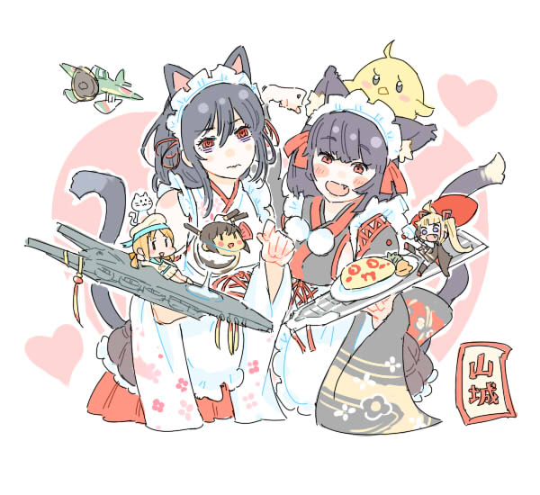 2girls :d animal_ears azur_lane black_hair cat_ears cat_tail character_name crossover detached_sleeves elite_unchi error_musume eyebrows_visible_through_hair fang flight_deck hair_ribbon kantai_collection looking_at_viewer maid_headdress multiple_girls nontraditional_miko open_mouth red_eyes ribbon short_hair smile tail wavy_mouth white_background wide_sleeves yamashiro_(azur_lane) yamashiro_(kantai_collection)