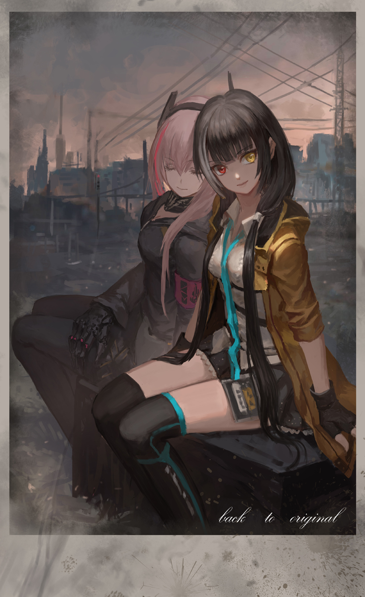 android black_hair closed_eyes girls_frontline gloves headband heterochromia highres jacket looking_at_viewer m4_sopmod_ii_(girls_frontline) mechanical_arm multicolored_hair pantyhose pink_hair red_eyes ro635_(girls_frontline) skirt streaked_hair thigh-highs xukong yellow_eyes