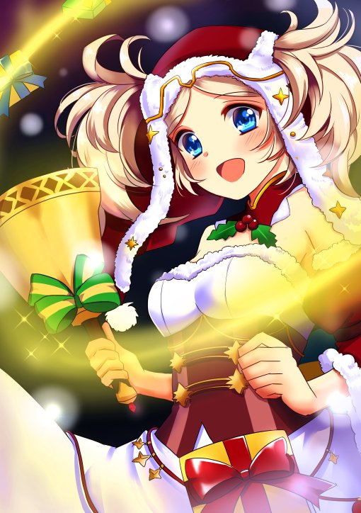 1girl blonde_hair blue_eyes christmas fire_emblem fire_emblem:_kakusei fire_emblem_heroes hat liz_(fire_emblem) long_hair looking_at_viewer santa_costume santa_hat setoda_(llgo) skirt smile solo